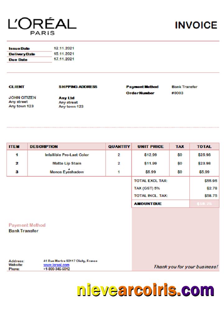 USA L’oreal Paris invoice